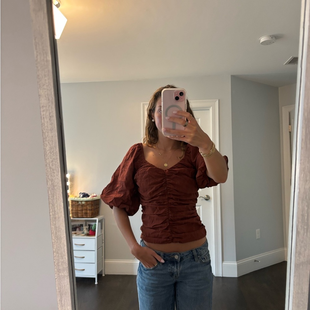 GAP Brown Ruched Puff Sleeve Blouse